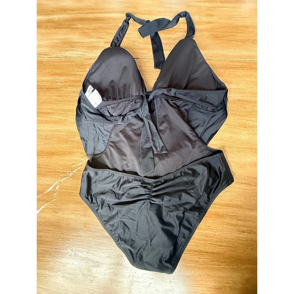 Bar III Womens Black Cowl Neck Halter One Piece Swimsuit Monokini Cutout Ruched
